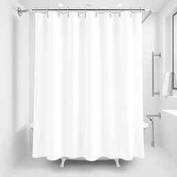 A vector image of a white shower curtain with grommets in a hotel bathroom with a bathtub