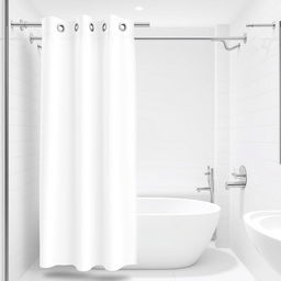 A vector image of a white shower curtain with grommets in a hotel bathroom with a bathtub