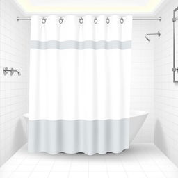 A vector image of a white shower curtain with grommets in a hotel bathroom with a bathtub