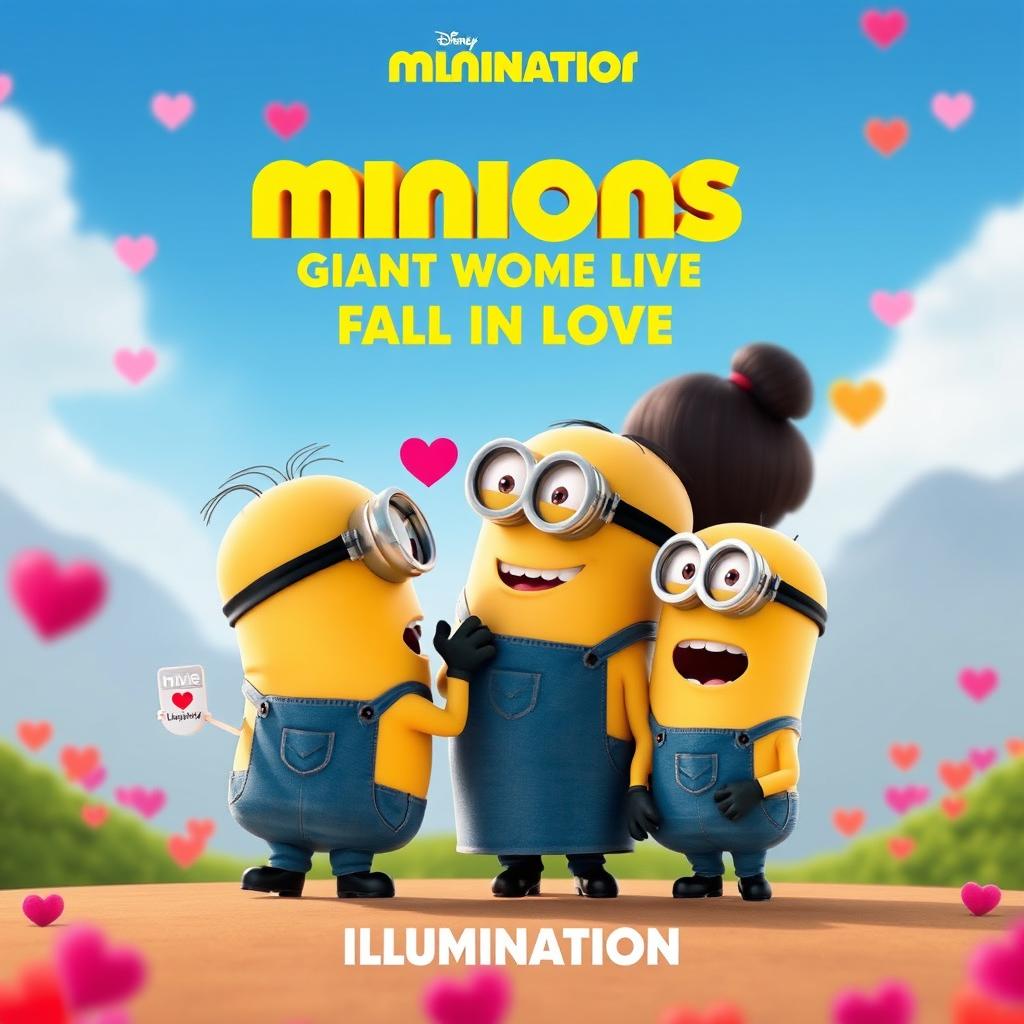 Create a movie poster for 'Minions 9: Giant Woman Fall in Love' by Illumination