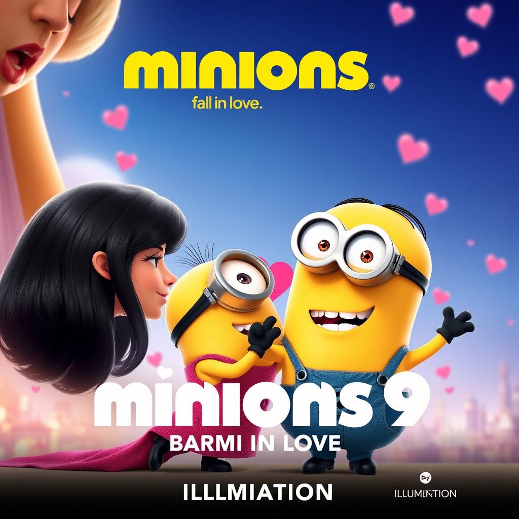 Create a movie poster for 'Minions 9: Giant Woman Fall in Love' by Illumination