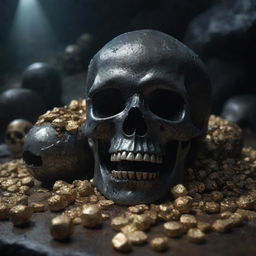 A detailed and ominous skull resting atop a glittering treasure hoard in a damp, shadowy cave.