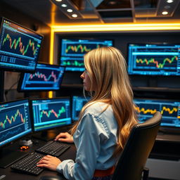 A blonde girl working on an expensive trading setup with four PCs and two TVs