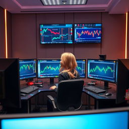 A blonde girl working on an expensive trading setup with four PCs and two TVs