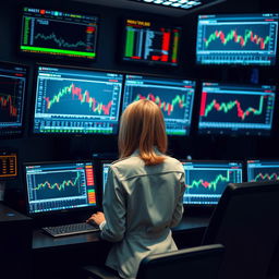 A blonde girl working on an expensive trading setup with four PCs and two TVs