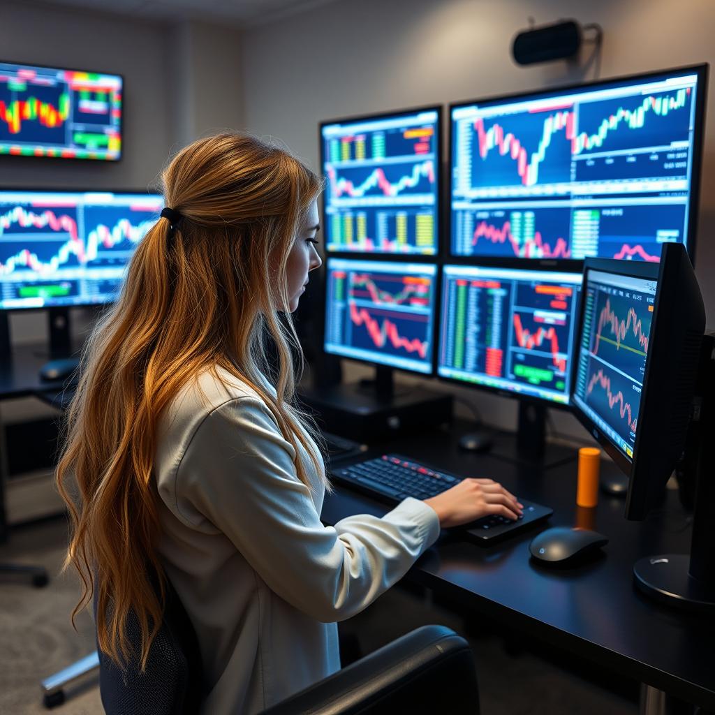 A blonde girl working on an expensive trading setup with four PCs and two TVs