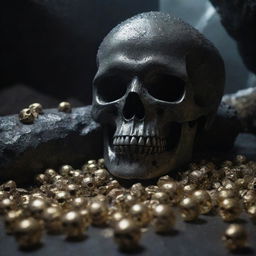 A detailed and ominous skull resting atop a glittering treasure hoard in a damp, shadowy cave.