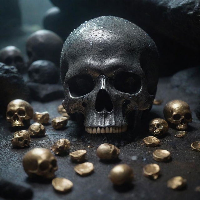 A detailed and ominous skull resting atop a glittering treasure hoard in a damp, shadowy cave.