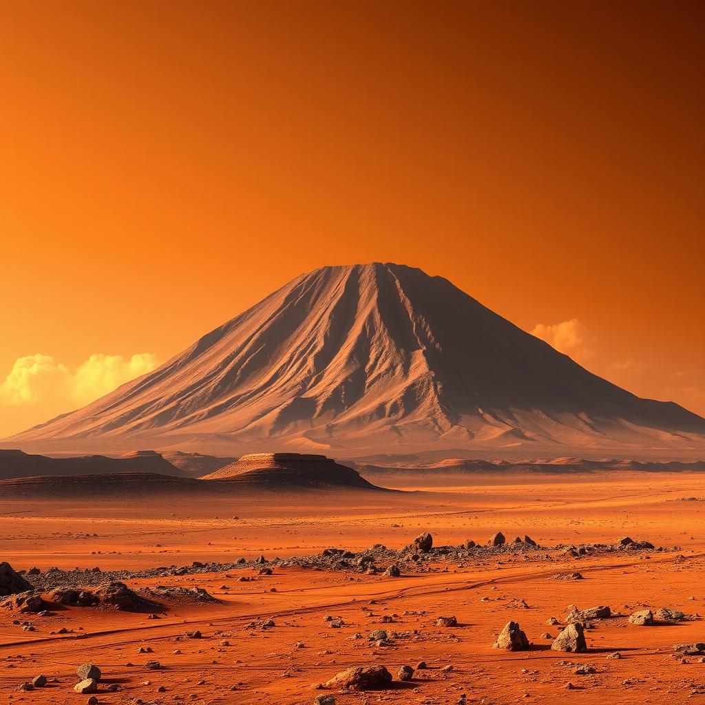 A stunning view of Olympus Mons, the largest volcano in the solar system, rising majestically over the Martian landscape