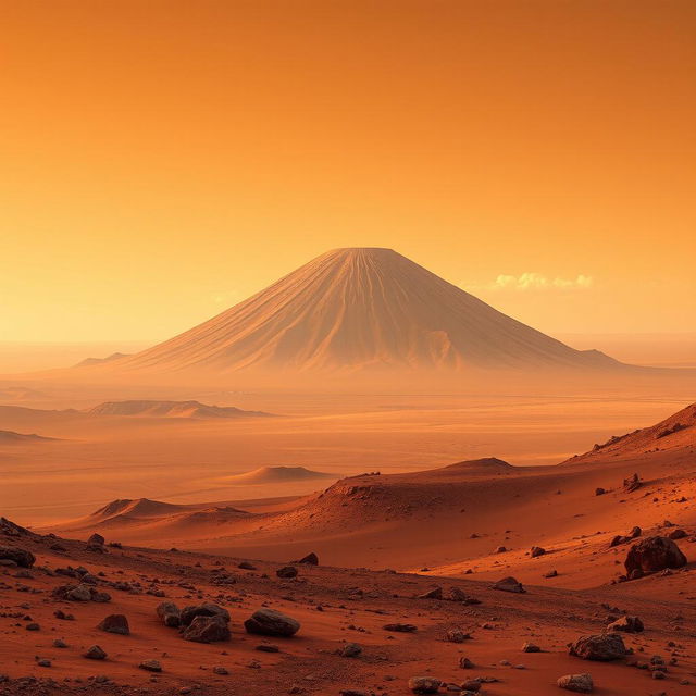 A stunning view of Olympus Mons, the largest volcano in the solar system, rising majestically over the Martian landscape