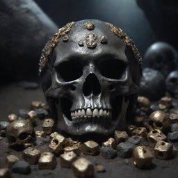 A detailed and ominous skull resting atop a glittering treasure hoard in a damp, shadowy cave.