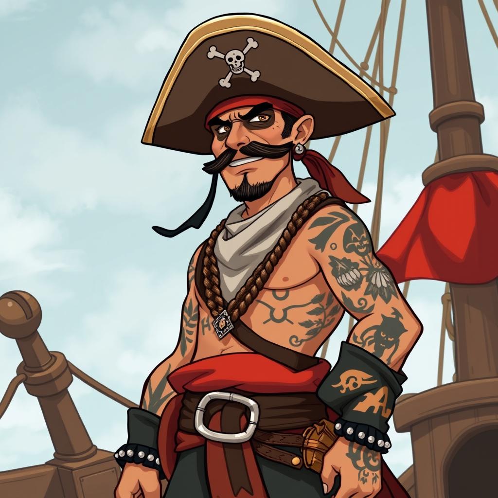 A unique fusion character of a cholo and a pirate, featuring traditional cholo attire with pirate accessories