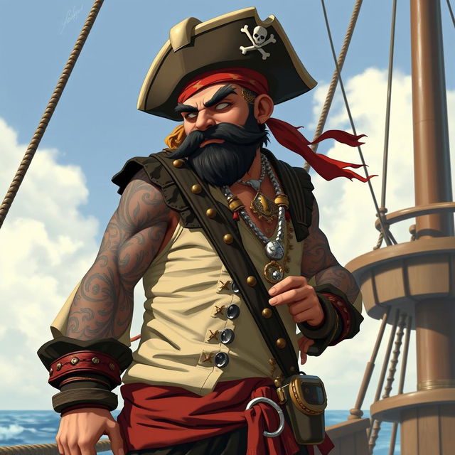 A unique fusion character of a cholo and a pirate, featuring traditional cholo attire with pirate accessories