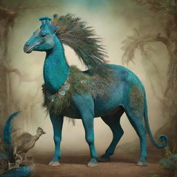 A mythical creature with a horse's head, lizard's torso, peacock's tail and elephant legs amidst a surreal, dreamlike background.