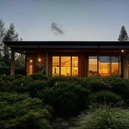 A beautiful, cozy home at sunset with lush green surroundings and welcoming warm lights pouring out of the windows.