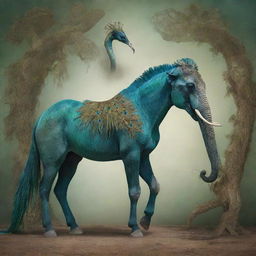 A mythical creature with a horse's head, lizard's torso, peacock's tail and elephant legs amidst a surreal, dreamlike background.