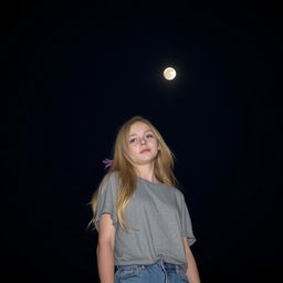 A blonde girl standing under the dark night sky