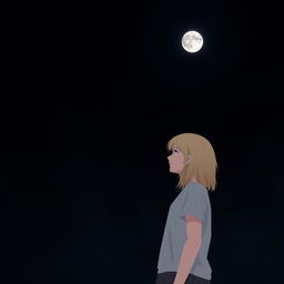 A blonde girl standing under the dark night sky