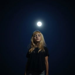 A blonde girl standing under the dark night sky