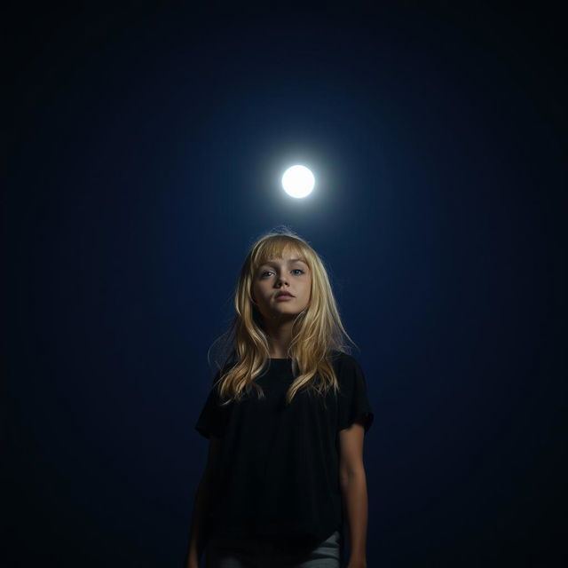 A blonde girl standing under the dark night sky