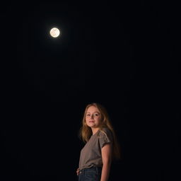 A blonde girl standing under the dark night sky