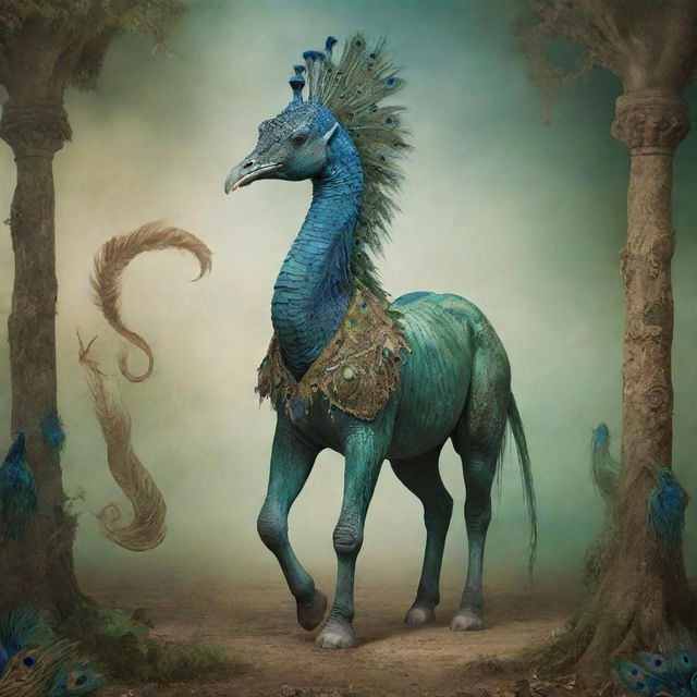 A mythical creature with a horse's head, lizard's torso, peacock's tail and elephant legs amidst a surreal, dreamlike background.