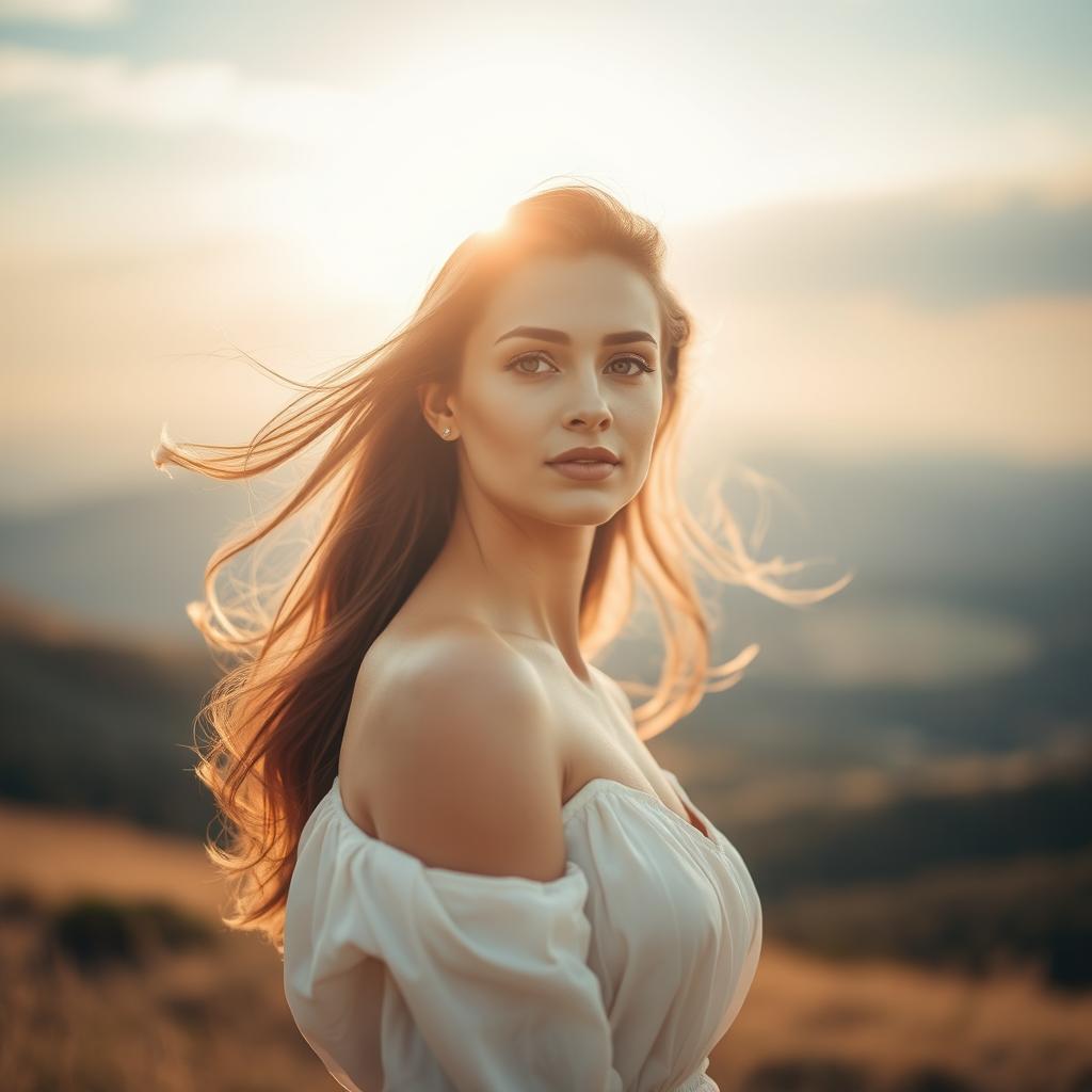 A beautiful woman standing gracefully in a serene landscape, with gentle sunlight illuminating her face