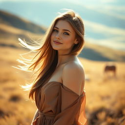 A beautiful woman standing gracefully in a serene landscape, with gentle sunlight illuminating her face