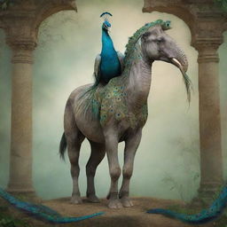 A mythical creature with a horse's head, lizard's torso, peacock's tail and elephant legs amidst a surreal, dreamlike background.