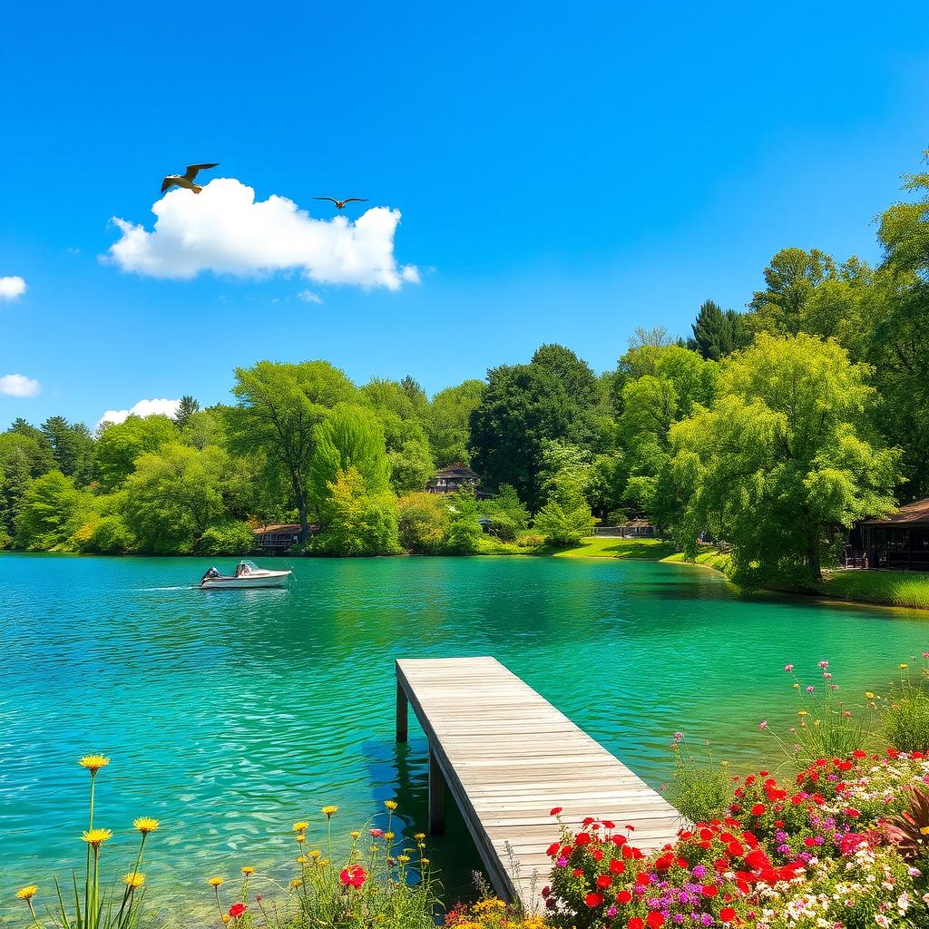 A serene landscape featuring a clear blue lake surrounded by lush green trees and colorful flowers