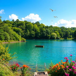 A serene landscape featuring a clear blue lake surrounded by lush green trees and colorful flowers