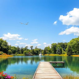 A serene landscape featuring a clear blue lake surrounded by lush green trees and colorful flowers