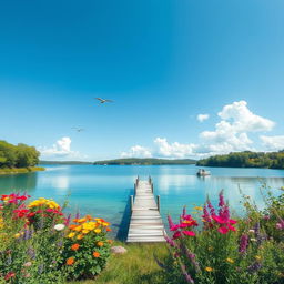 A serene landscape featuring a clear blue lake surrounded by lush green trees and colorful flowers