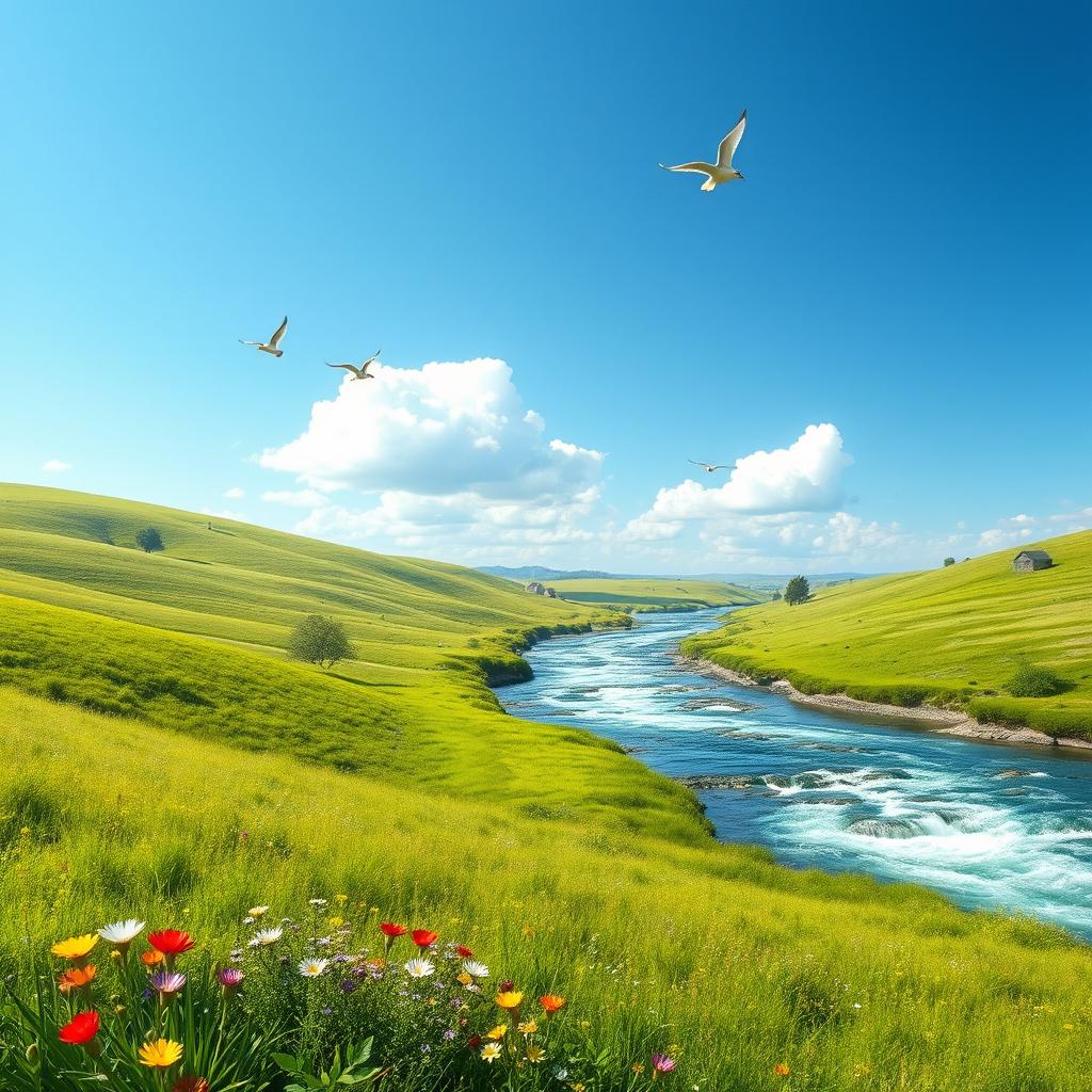 A serene landscape with a clear blue sky, lush green meadows, and a sparkling river flowing through