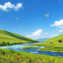 A serene landscape with a clear blue sky, lush green meadows, and a sparkling river flowing through