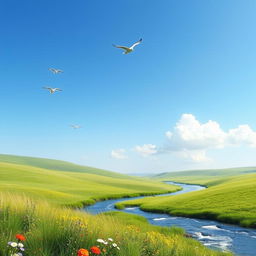 A serene landscape with a clear blue sky, lush green meadows, and a sparkling river flowing through