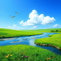 A serene landscape with a clear blue sky, lush green meadows, and a sparkling river flowing through