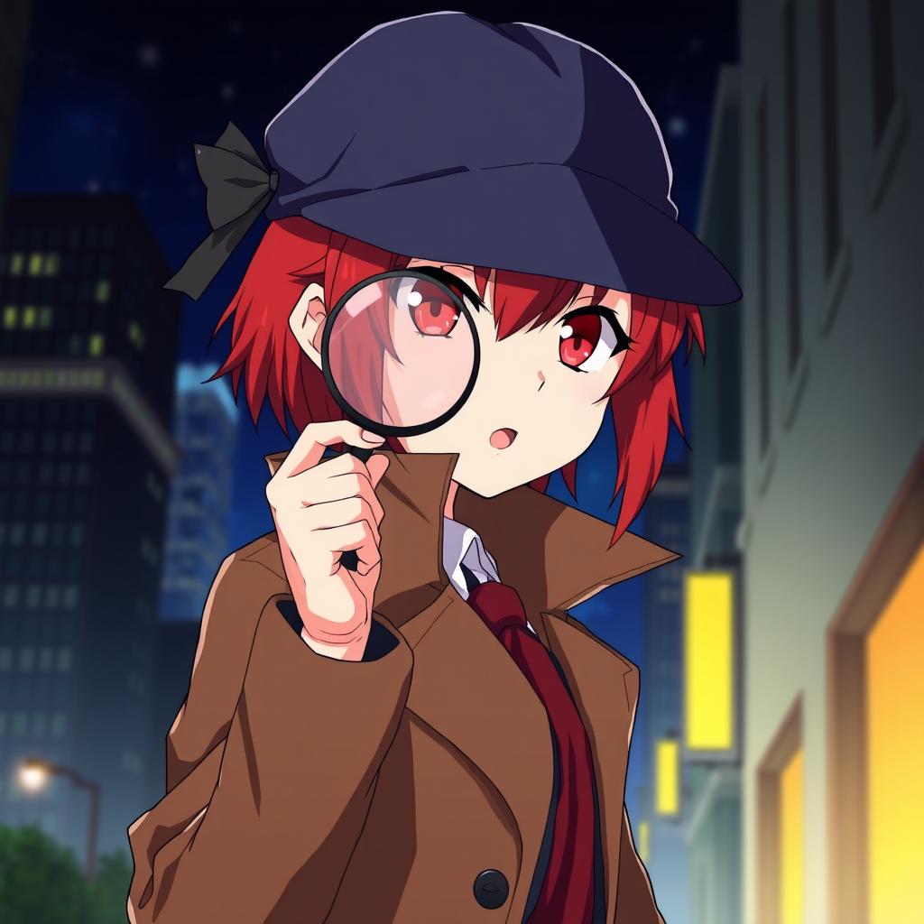 An anime-style female character with red hair and red eyes dressed as a detective, holding a magnifying glass in her hand, set in a nighttime cityscape