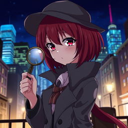 An anime-style female character with red hair and red eyes dressed as a detective, holding a magnifying glass in her hand, set in a nighttime cityscape