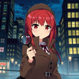 An anime-style female character with red hair and red eyes dressed as a detective, holding a magnifying glass in her hand, set in a nighttime cityscape