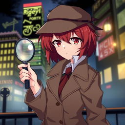 An anime-style female character with red hair and red eyes dressed as a detective, holding a magnifying glass in her hand, set in a nighttime cityscape