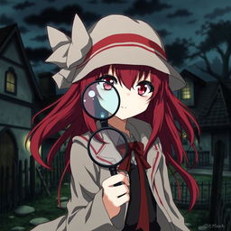 An anime-style girl with long red hair and red eyes dressed as a detective, holding a magnifying glass in her hand, set in a gloomy village at night