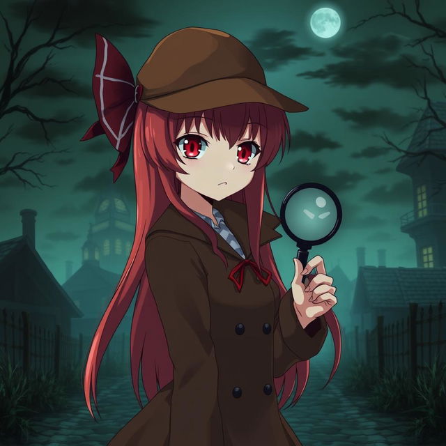 An anime-style girl with long red hair and red eyes dressed as a detective, holding a magnifying glass in her hand, set in a gloomy village at night