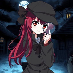 An anime-style girl with long red hair and red eyes dressed as a detective, holding a magnifying glass in her hand, set in a gloomy village at night