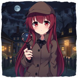 An anime-style girl with long red hair and red eyes dressed as a detective, holding a magnifying glass in her hand, set in a gloomy village at night