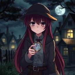 An anime-style girl with long red hair and red eyes dressed as a detective, holding a magnifying glass in her hand, set in a gloomy village at night