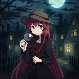 An anime-style girl with long red hair and red eyes dressed as a detective, holding a magnifying glass in her hand, set in a gloomy village at night