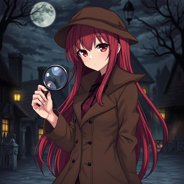 An anime-style girl with long red hair and red eyes dressed as a detective, holding a magnifying glass in her hand, set in a gloomy village at night