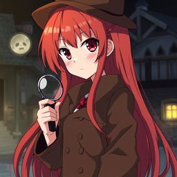 An anime-style girl with long red hair and red eyes dressed as a detective, holding a magnifying glass in her hand, set in a gloomy village at night