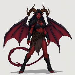 A full-body illustration of a female feral tiefling DnD character